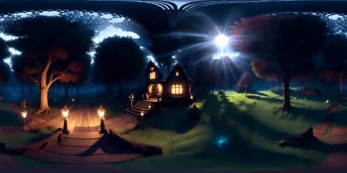 a scary dark house inte woods. the woods are dark and forboding. an evil witch lives here'
