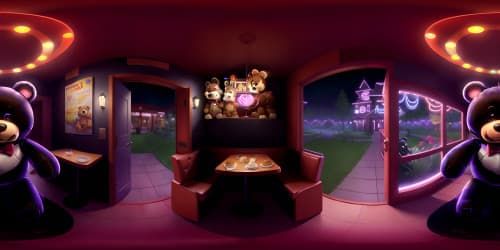 game five night at freddy's restaurant, with u.s. 90s fast food style creepy dark light. with a scary mechanical dark brown teddy bear