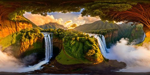 An awe-inspiring, flawless vista of the Ethiopian highlands, capturing cascading waterfalls amidst terraced valleys, cliffs kissed by a golden sunrise, vivid wildflowers, and swirling dramatic clouds, a masterpiece in ultra high resolution.