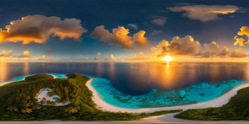 An awe-inspiring scene of a flawless, high-resolution image capturing a serene, crystal-blue ocean at sunset, dotted with small, picturesque islands crowned by swaying palm trees, a true masterpiece of tranquil beauty.