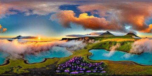 A flawless, ultra-high-resolution portrayal of Iceland's serene summer tundra at early morning, where a tranquil fog hovers above crystal-clear aqua hot springs casting reflections, surrounded by vast fields of vibrant lupine flowers leading to majestic distant mountains, all under a stunning sunrise painting the open horizon in breathtaking hues.
