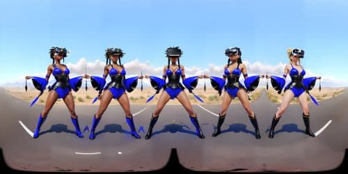 three black female sorceresses carrying blue staffs bursting with energy. one woman has dreadlocks.one is wearing thigh high boots.