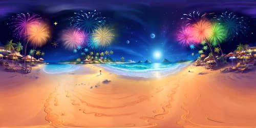 SUMMER NIGHT BEACH STARS MOON FIREWORKS WAVES PALM TREES