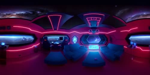 A futuristic room in a spaceship with floor to ceiling windows overlooking a new star exploding, red and blue ambient lighting, dark theme, space, ultra detailed, award winning design, high contrast, wrap around couch, fancy glowing pool table, big room, darkness of space