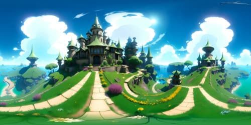 Best quality VR360 perspective, masterpiece of digital art, ultra-high resolution, vibrant patches of fun grass, cheerful color palette in Pixar-style