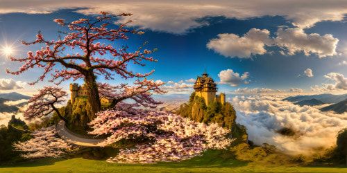 Under a majestic blossoming tree in full spring bloom, magical birds flutter, an ancient wooden tower stands guard, a vibrant Ghibli-style castle dazzles in the distance, with detailed microtextures and 8K resolution, evoking a whimsical atmosphere of enchantment and fantasy.