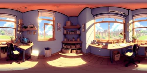 Ultra high-resolution VR360 loft, impeccable quality detailing, artistic masterpiece visuals, delicate blend of modern and vintage loft elements, panoramic cityscape view, digital painting style.