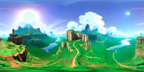 Massive mountain-scape, snow-capped peaks, VR360 sunset view, green valley floor, crystal clear lake reflection. Giant redwood forest, untouched wilderness. Ultra high-res artistry, sublime detailing, dynamic lighting, premium VR360 texture mapping. Unbeatable realism, masterpiece technique.