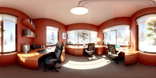 VR360: Distinctive home office, mahogany desk, ergonomic chair. Subtle Pixar-style glow, emphasis on high-resolution textures. Snowflakes cascading softly outside window, night sky brimming with twinkling stars, VR360: snowy landscape, serene night atmosphere, crystalline moonlight glossing over snow peaks. Mingle of ultra-realism and cartoonish warmth.