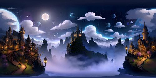 Ultra high-resolution VR360 view, cat-shaped clouds, feline-inspired constellations. VR360 fantasy art scene, masterpiece-quality twilight sky, feline-inspired starscape. Anime-style, cat-shaped islands floating, feline-flora silhouettes against the night sky.