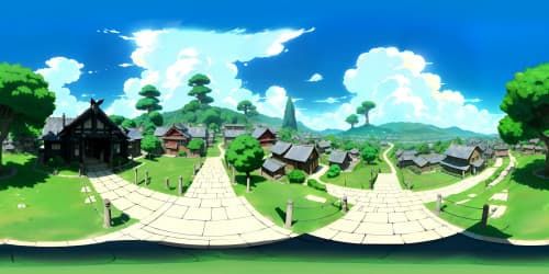 Pristine VR360 view, Naruto village, towering Hokage statues, vibrant rooftops, winding pathways. Anime style, saturated colors, crisp lines. Immersive VR360, lush forests bordering, distant mountains. Masterpiece quality, ultra high resolution.