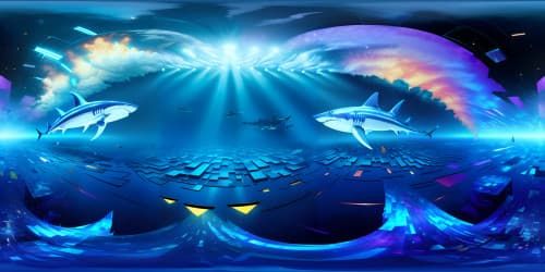Masterpiece VR360, ultra-high-res marine panorama. Stylized, robust shark dominating scene, vast ocean backgrounds. Dynamic, textured undersea terrain, a broad, panoramic seafloor expanse. Fantasy-inspired elements, iridescent lighting illuminating VR360 underwater. Boundaries dissolving into endless, deep