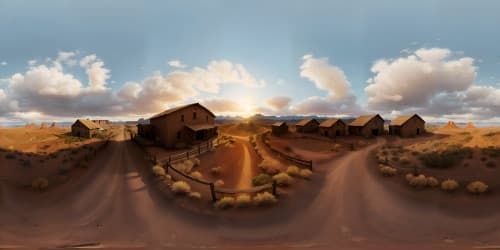 VR360 masterpiece, ultra high res, wild west expanse. Untamed plains, hillside perspective, old western style, distant sunset on the horizon in VR360. Best quality.
