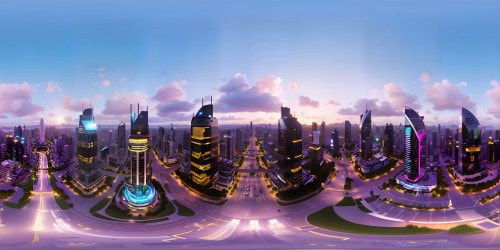 Masterpiece level detail, ultra-high resolution, City of El Salvador skyline. VR360 views of imposing sky scrapers, modern architecture, scenic sprawl. Soft glowing sunset, urban silhouette. Style: hyper-realism, photo-realistic textures. VR360 grandeur, tangible visual finesse.