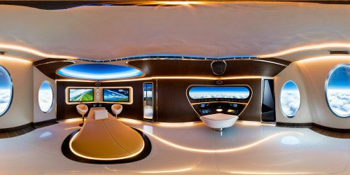 An ultra-high-res vision of a futuristic salon station in a spatial setting, an immaculate masterpiece of sleek chrome, holographic displays, LED ambient lighting, and reflective surfaces, a flawless union of modern luxury and cutting-edge design, exuding a sense of spacious elegance and technological sophistication.