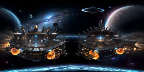 Masterpiece quality, ultra-high resolution, VR360: interstellar bodies, celestials spheres, glowing nebulae, swirling galaxies. Style: Photorealistic, deep space aesthetic, stark contrasts, intricate details, expansive VR360 view.