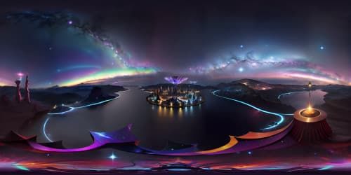 Masterpiece quality, ultra-high resolution, VR360 sparkling diamond sky, shimmering in vivid hues. Lustrous starry canopy, VR360 view of a radiant, majestic nebula. Intricate, hyper-realistic, richly detailed, digital painting style.