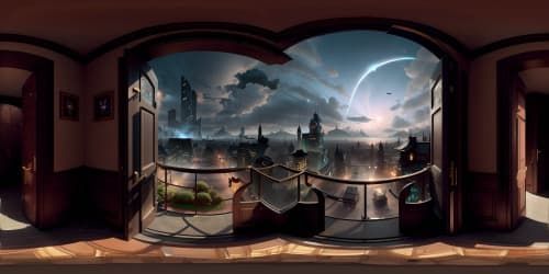 Masterpiece VR360 landscape, Zootopia-esque Halloween cityscape, ultra-high-res. Streets awash in pumpkin glow. Skyline, fantastical architecture silhouetted against foreboding sky, infusing eerie atmosphere. Pixar-style detailing, captivating VR360 animation.