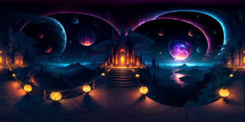 Ultra high-res VR360 view; grand concert platform, music notes tattooed in light across midnight sky. Spectral instruments suspended in constellation formations. Melodic swirls of color, neon hues, bouncing off cosmic stage. Masterpiece of psychedelic art style, VR360 kaleidoscope.