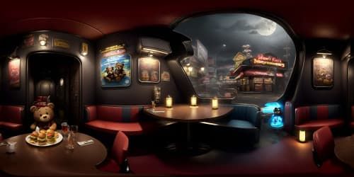 game five night at freddy's restaurant, with u.s. 90s fast food style creepy dark light. with a scary mechanical dark brown teddy bear