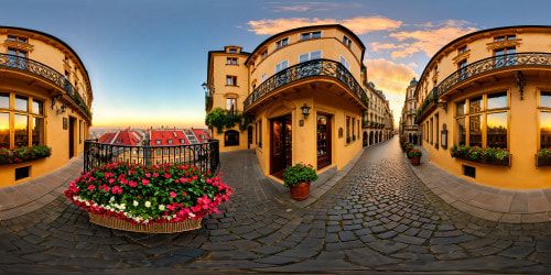 Situated on a bustling cobblestone street in a charming European city, a lavishly ornate cafe adorned with intricate wrought iron detailing, oversized windows allowing sunlight to filter through, lush hanging floral baskets, golden hour, inviting a warm and cozy ambiance.