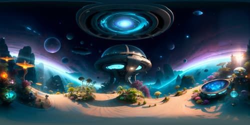 VR360 view of grand alien containment aquarium, iridescent aquatic flora, intricate alien fish species, 8K resolution. Glass-domed ceiling revealing nebula-studded sky, pearlescent glow. Style: Pixar-like depth, photo-realism blend. VR360 viewing, a superb, out-of-this-world masterpiece.