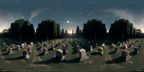 Superior dread ambiance, massive haunted mansion silhouette, menacing full moon backlight, panoramic cemetery landscape, VR360. French Gothic art influence, ultra high-definition. VR360 awe-inspiring terror, nebulous fog enshrouding gravestones. Premier horror spectacle.