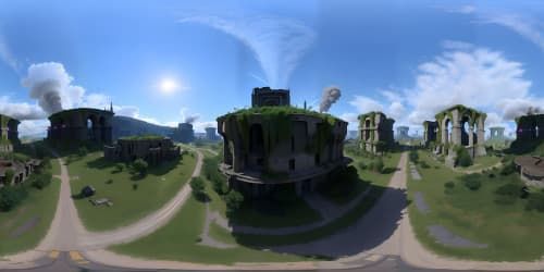 ultra high-res VR360 scene, dystopian ruin, pollution marks, no humans, monstrous creatures rule, destruction aftermath. Art-masterpiece style, emphasis on quality, enhanced details, pixel-perfect precision.