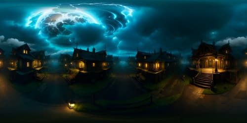 Ultra high-resolution VR360, masterpiece of Silent Hill inspired ambiance, misty landscapes, thick fog, decaying structures, ominous sky overrun by dark clouds. Style: photo-realistic with a touch of horror, eerie glow from the moon. 