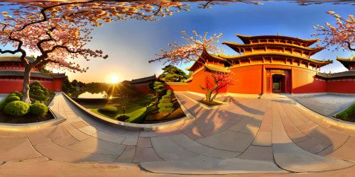Immaculate and flawlessly preserved ancient Chinese imperial palace, intricate tiled roofs catching the light, sprawling terraced gardens, majestic dragon sculptures, serene ponds reflecting ornate pagodas, vivid red and gold color palette, vibrant cherry blossoms drifting in the gentle breeze, a true work of art captured in ultra-high resolution.