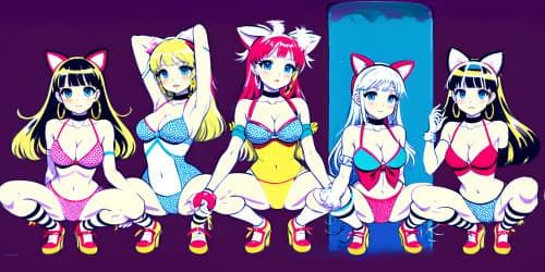 best quality, masterpiece, ultra high res,five 30 year old princesses_wearing pink leotards_wearing gold hoop earrings_wearing red lip gloss_one has blue eyes_two of them are blonde_they are squatting_spread_arms above their heads_close up of armpit_ cat ears