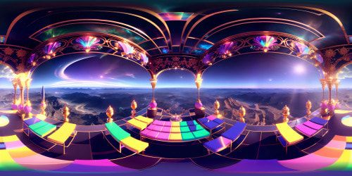 Masterpiece quality, ultra-high-resolution VR360 view. Baroque art style, ornate gold detailing, frescoed celestial skies. Perfection in intricate cloud formations, hues of twilight. VR360 observation from stone balcony, overlooking grand, expansive space. Variant shades of azure, ethereal glow.