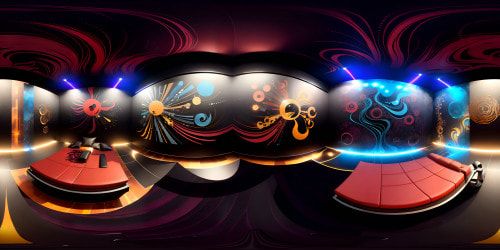 VR360 view, high-resolution textures, sultry heels asserting dominance, VR360, abstract expressionism style, fluid flowing lines, hyperrealistic rendering, spotlight on seed pearls adornment, black lacquer flooring reflecting elegance, controlling power, flair of Picasso's abstract form, resounding splash of bold, fiery reds, enigmatic blacks, hint of sensual purples, urgent