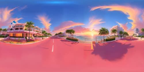 fancy CARS on the road of Miami (seaside highway) sunset scene(orange pink sky)