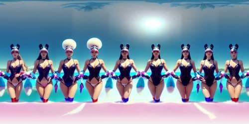 Masterful VR360 scene, ultra-high resolution, quintet of distinct princesses, mature elegance in white fur, pink accents. Lustrous red lip gloss application. Diversity through clear blue eyes, golden hair. Atypical postures, uplifting arms. Focus on petite details, armpits, feline ears. Ultra-definition VR360 experience, photorealistic, refined style.