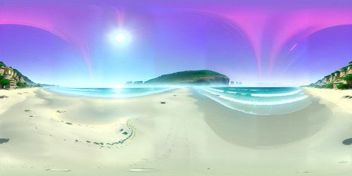 Ultra high-resolution masterpiece, VR360 pristine beach view, trio of monochromatic sand sculptures, subtle reflections on nearby ebbing tide. Enveloping cloudless cerulean sky, sunlight scattering on endless azure sea. Using Pixar-style: soft shading, photorealistic lighting, VR360 spatial depth.