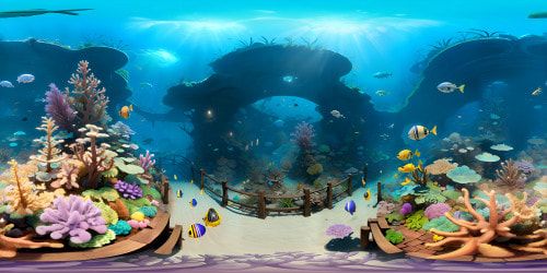 Pixar-style VR360 underwater panorama: ancient wooden shipwreck, intricate wood textures, algae-veiled ruins. Tropical VR360 coral reef, spectrum of vibrant colors, stylized high-detail marine flora. High resolution, ultra-realistic, digital painting influences.