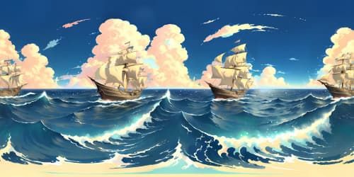 One Piece--Vertically towering pirate galleons, colossal sea kings, exotic islands floating in azure water. Resplendent sunrise setting the sky ablaze with colors. Ultra high-res, stylized anime detailing in VR360. Masterpiece quality, vibrant hues, intricately detailed. Markus Magnusson-style fluid dynamics for VR360 sea waves. Magnificent, grand, expansive VR360 view.