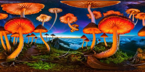 A psychedelic forest of giant, glowing mushrooms with iridescent caps, twisting in a radiant dance under a starlit midnight sky, casting ethereal, multicolored patterns across a misty, enchanted landscape, ideal for a visually stunning, high-definition masterpiece.