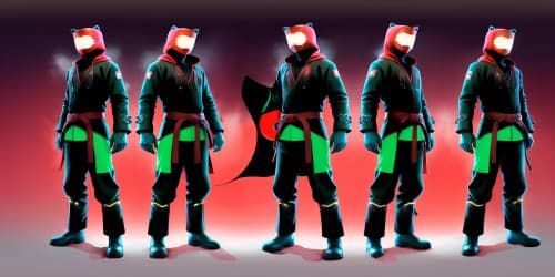 men wearig RED hoodie and red pants. black boots and black belt.face all masked. holding machine gun. 