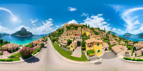 VR360: Masterpiece quality, ultra-high res view, vibrant Italian island landscape, crystal-clear azure waters, terracotta-roofed houses huddled on hills, green vineyards, quaint cobbled streets. VR360: Glossy, Pixar-style, soft gradients, sharp textures, popping colors.