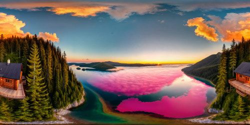 A charming cabin nestled near a pristine lake at the break of dawn, surrounded by lush forest, glistening waters reflecting the pink hues of a flawless sunrise, high detailed textures, perfect lighting.