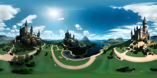 hogwarts exterior in spring. bright blue sky. 360 immersive. photographic realism. harry potter castle