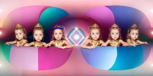 VR360, photorealistic, best quality, masterpiece, ultra high res, quartet of distinct princesses_wearing pink garments_wearing gold hoop earrings_wearing sparkling pink lip gloss_one has blue eyes_distinct hair color_they are squatting_close up of armpit_wearing gold bracelets,