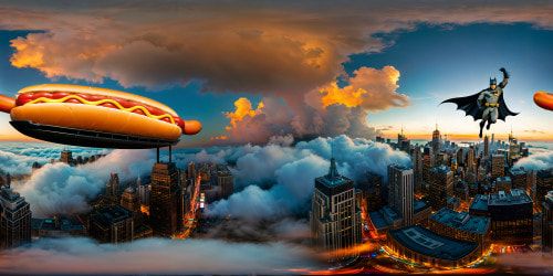 In a flawlessly detailed cityscape, Batman rides a hot dog like a majestic stallion amidst neon lights, casting dramatic shadows with a soft focus, capturing the surreal essence of the moment in ultra-high resolution perfection.