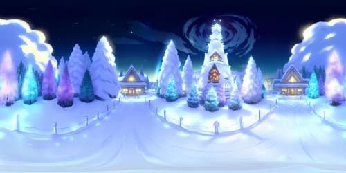 VR360 towering Christmas tree, ultra high-res, shimmering twinkle lights, snowflake ornaments, Pixar-style. Candy cane forest, VR360 moonlit sky backdrop. Gentle snowfall, aurora borealis incandescence. High-res holiday cheer, VR360 masterpiece, Christmas spirit personified.