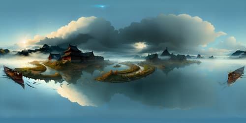 Masterpiece, finest quality, ultra-high resolution VR360 scenery, Chinese ink style, mist-enshrouded clouds, solitary boat meandering in serene, icy river. Traditional, classical artistry. VR360 serene tranquil river scene.