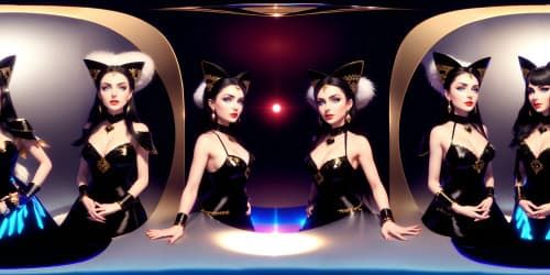 Ultra-high-resolution VR360 masterpiece, trio of regal figures in white fur, blacks attire, gold hoop earrings. Iridescent blue eyes, glistening black hair, crouched positions. Red lip gloss accents, diamond adornments. No armpit focus.