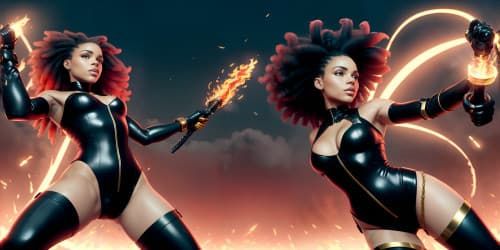 five african american females wearing dark red leotards with gold trim_they have golden wings_one woman has dreadlocks_they are flying_one woman is carrying a flaming green sword_