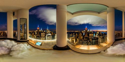 A flawlessly crafted penthouse in the heart of New York City, boasting expansive windows framing a stunning panoramic view of the glittering skyline, flawless modern architecture, lavish interiors, gleaming marble floors, and opulent furnishings under a crystal clear starlit night sky, ultra high-res and meticulously detailed.